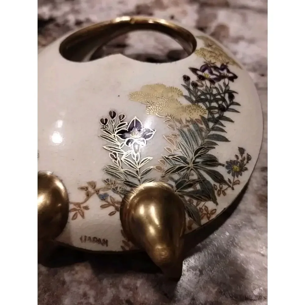 JAPANESE Late Meiji Period Antique SMALL SATSUMA MOON Gold Floral Flask Vase